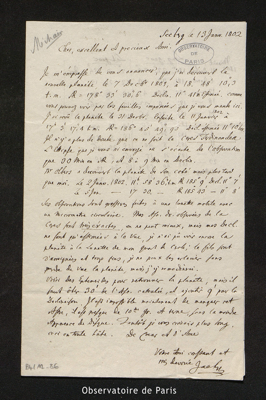 Lettre de Zach à [Méchain], Seeberg le 13 janvier 1802