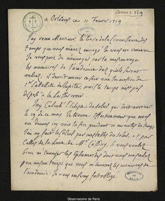 Lettre de Jacques d'Allonville de Louville à Joseph-Nicolas Delisle, Orléans, 11 février 1719