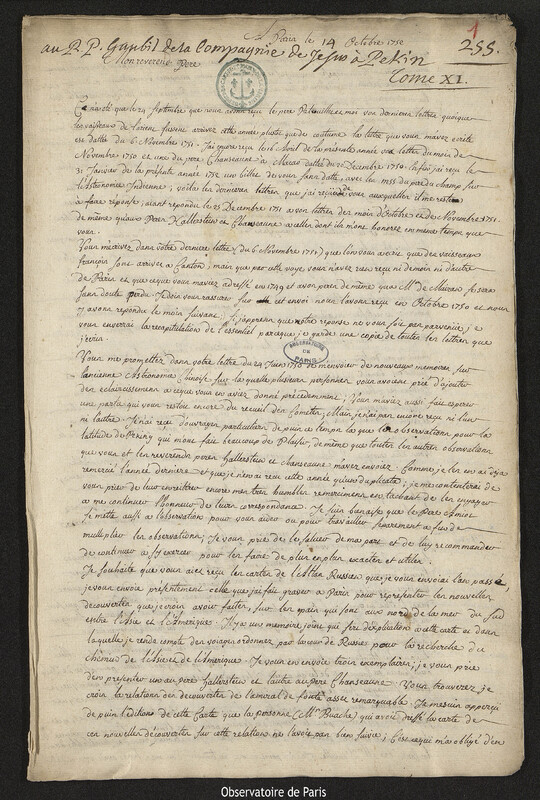 Lettre de Joseph-Nicolas Delisle à Antoine Gaubil, Paris, 14 octobre 1752