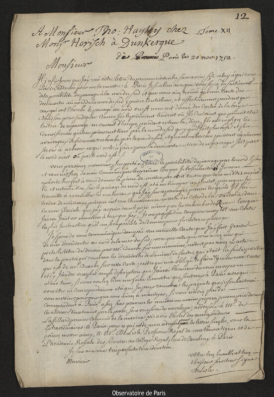 Lettre de Joseph-Nicolas Delisle à Thomas Hayley,Paris, 20 novembre 1752