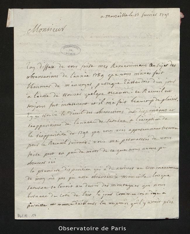 Lettre de G. de Saint-Jacques Silvabelle à Cassini IV, Marseille le 15 février 1791