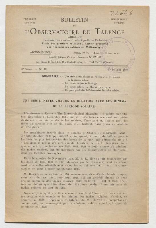 (1934) Bulletin de l'Observatoire de Talence, 3e série