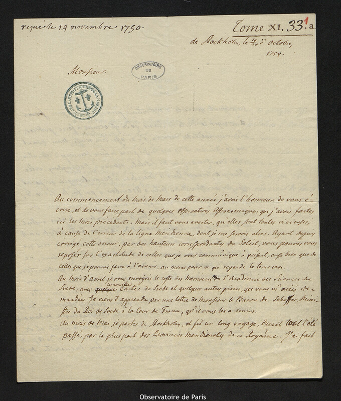 Lettre de Pehr Wilhelm Wargentin à Joseph-Nicolas Delisle, Stockholm, 10 1750