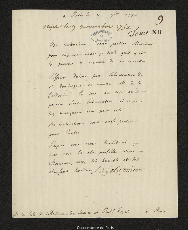 Lettre de Rolland-Michel Barrin, marquis de La Gallissonnière à Joseph-Nicolas Delisle, Paris, 7 novembre 1752