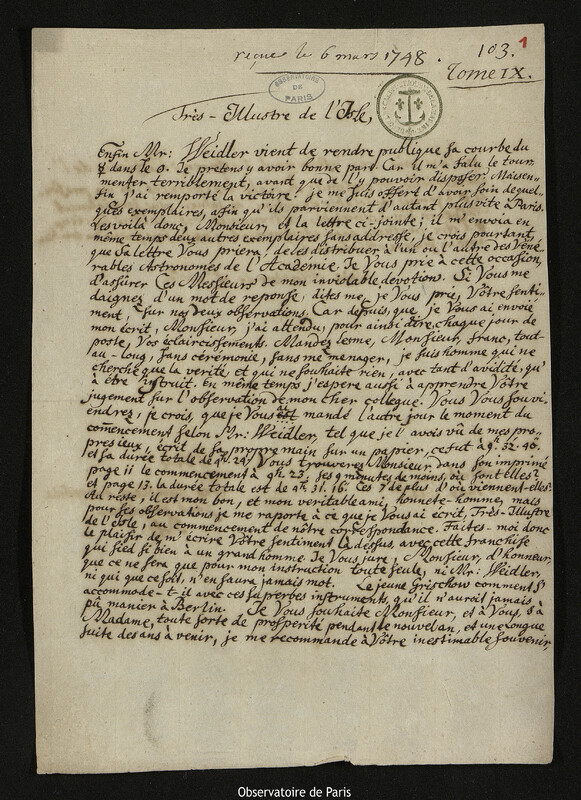 Lettre de Georg Matthias Bose à Joseph-Nicolas Delisle, Wittenberg, 1 janvier 1748