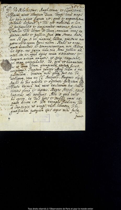 Lettre de Stanislaw Lubieniecki à Jan Heweliusz, Hambourg, 28 novembre 1665