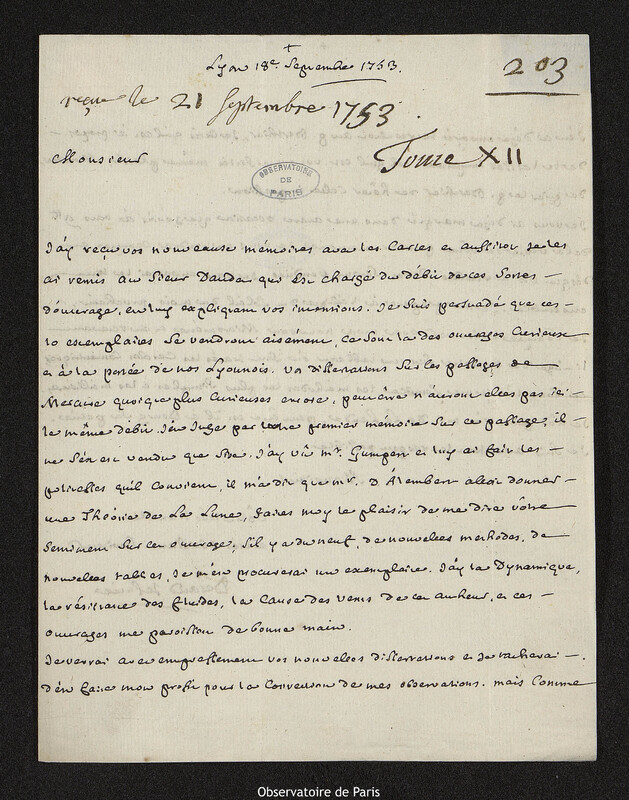 Lettre de Laurent Béraud à Joseph-Nicolas Delisle, Lyon, 18 septembre 1753