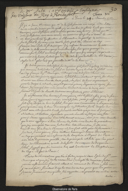 Lettre de Joseph-Nicolas Delisle à Jacques de Boutier de La Cardonnie, Paris, 14 décembre 1752