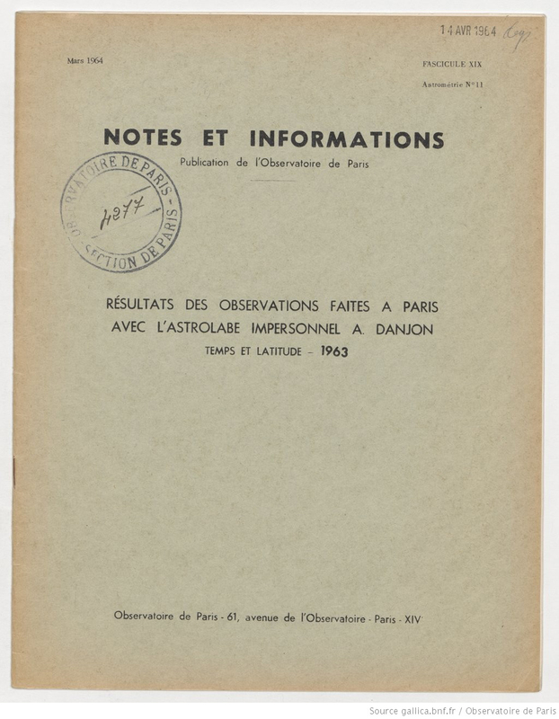 (1964) Notes et informations... Résultats des observations faites à Paris avec l'astrolabe impersonnel A. Danjon, temps et latitude, 1963