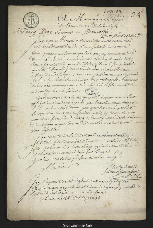 Lettre de Joseph-Nicolas Delisle à Jacques Cassini, Paris, 28 octobre 1748