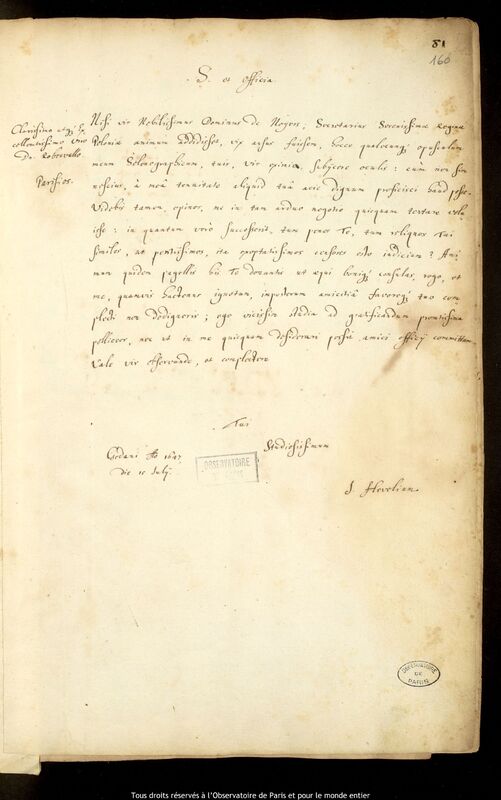 Lettre de Jan Heweliusz à Gilles Personne de Roberval, Gdansk, 15 juillet 1647