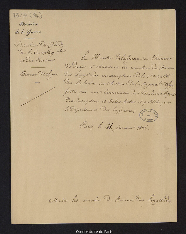 Lettre de Nicolas Joseph Maison, ministre de la Guerre, aux membres du Bureau des Longitudes, le 21 janvier 1836