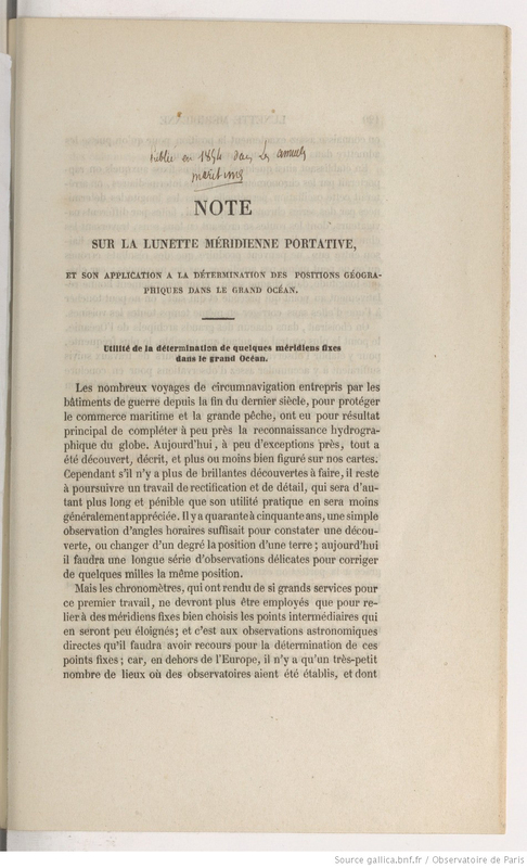 Note sur la lunette méridienne portative et son application à la détermination des positions géographiques dans le grand Océan