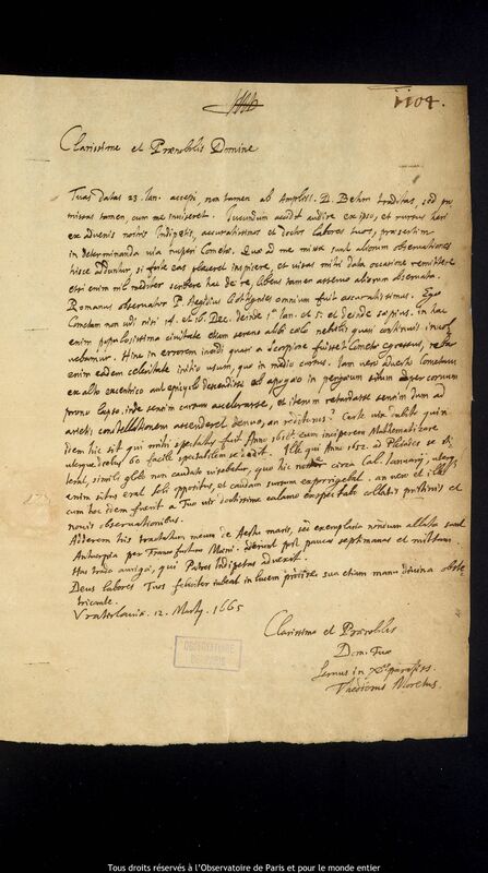 Lettre de Theodor Moret à Jan Heweliusz, Wroclaw, 12 mars 1665