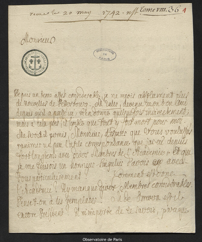 Lettre de Paul Émile de Mauclerc à Joseph-Nicolas Delisle, Szczecin, 9 mai 1742