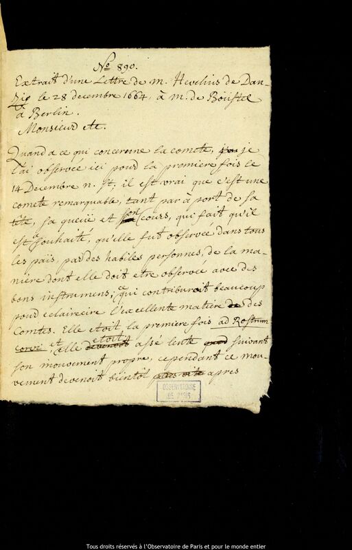 Texte manuscrit de Jan Heweliusz à Ernst Gottlieb von Börstel, Gdansk, 28 décembre 1664