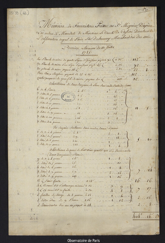 Mémoire de fournitures faites au Sire Mignier, d'après les ordres et mandatées de Monsieur le Comte de Cassini, directeur de l'Observatoire royal de Paris, par Delaunay machand ruë des aseis