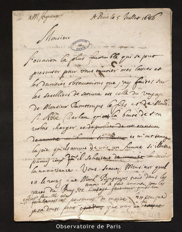 Lettre de Cassini I à Huygens, Paris le 5 juillet 1686