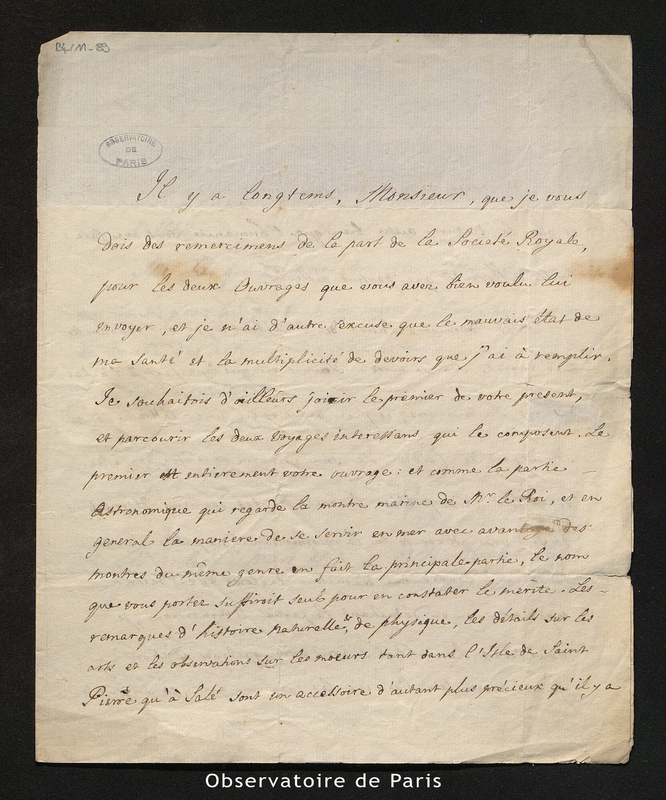 Lettre de Maty (Paul Henry) à Cassini IV, Londres le 25 mars 1773