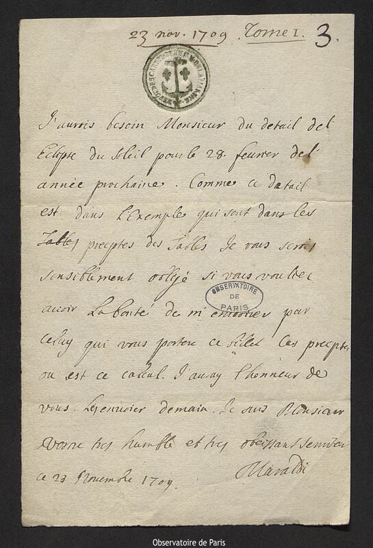 Lettre de Jacques Philippe Maraldi à Joseph-Nicolas Delisle, 23 novembre 1709