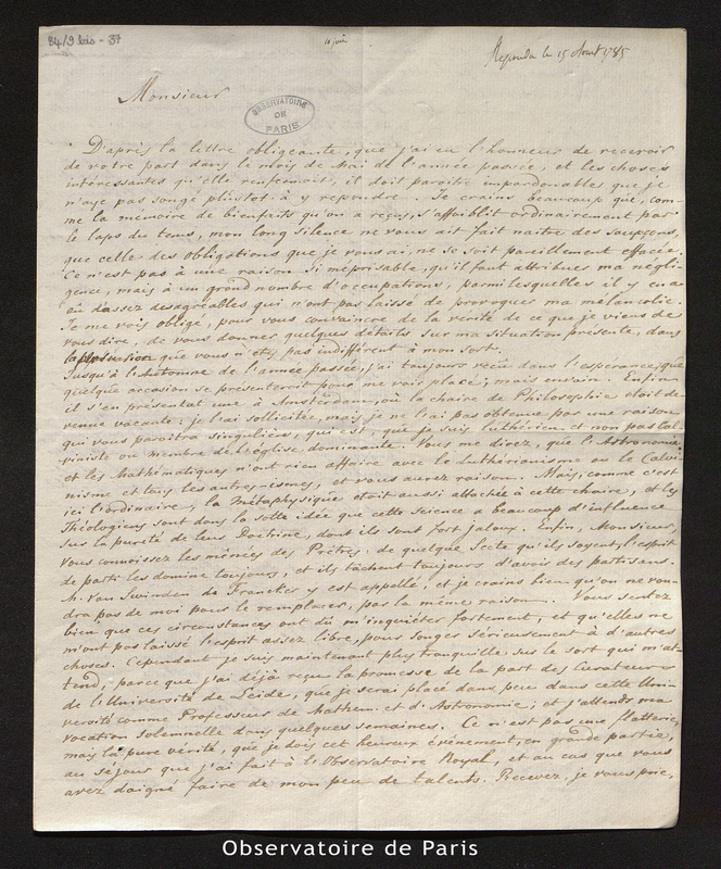 Lettre de C. H. Damen, La Haye le 10 juin 1785