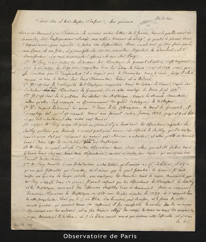 Lettre de Zach à [Méchain], entre fin janvier et début février 1802