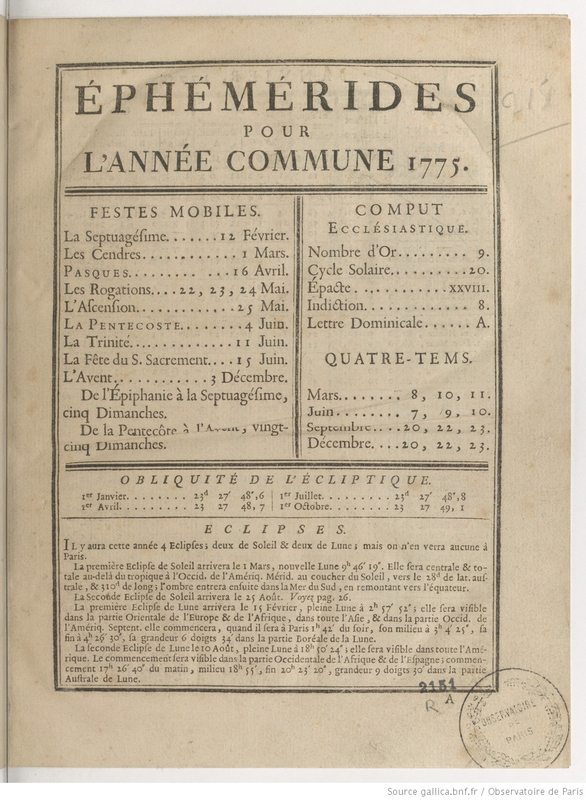 Ephémérides des mouvemens célestes, pour le méridien de Paris, tome septième, contenant les dix années de 1775 à  1784