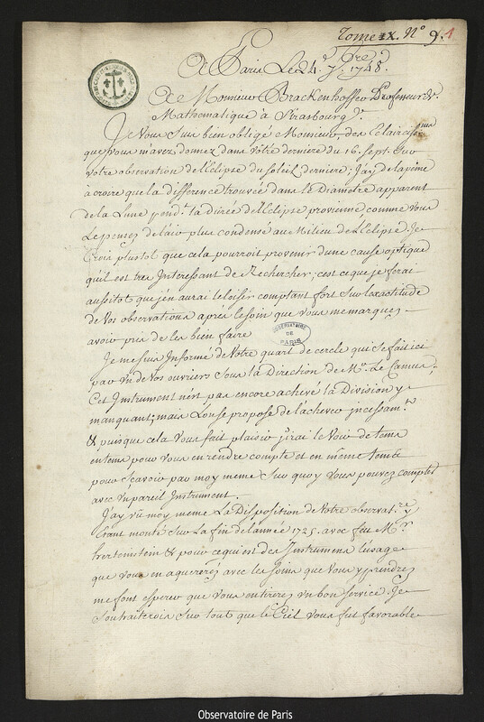 Lettre de Joseph-Nicolas Delisle à Jean Jérémie Brackenhoffer, Paris, 24 septembre 1748