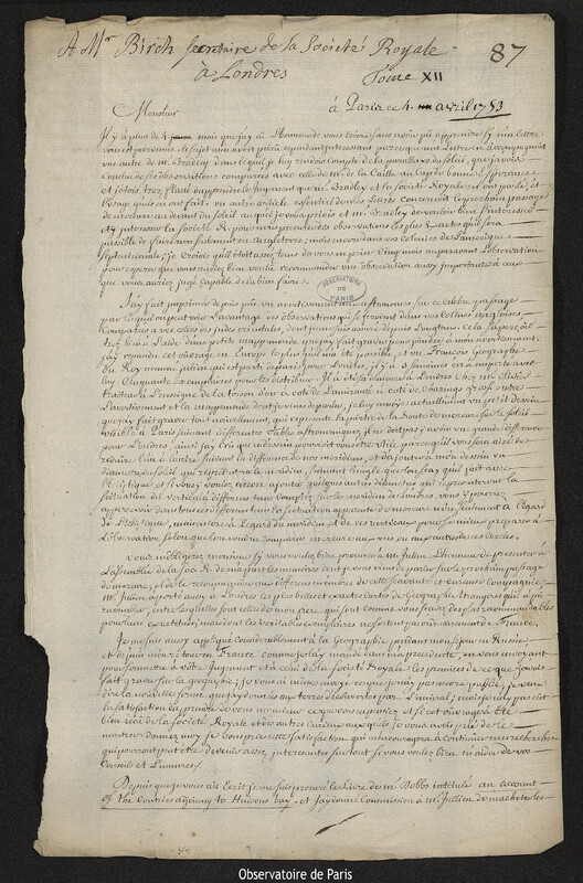 Lettre de Joseph-Nicolas Delisle à Thomas Birch, Paris, 4 avril 1753