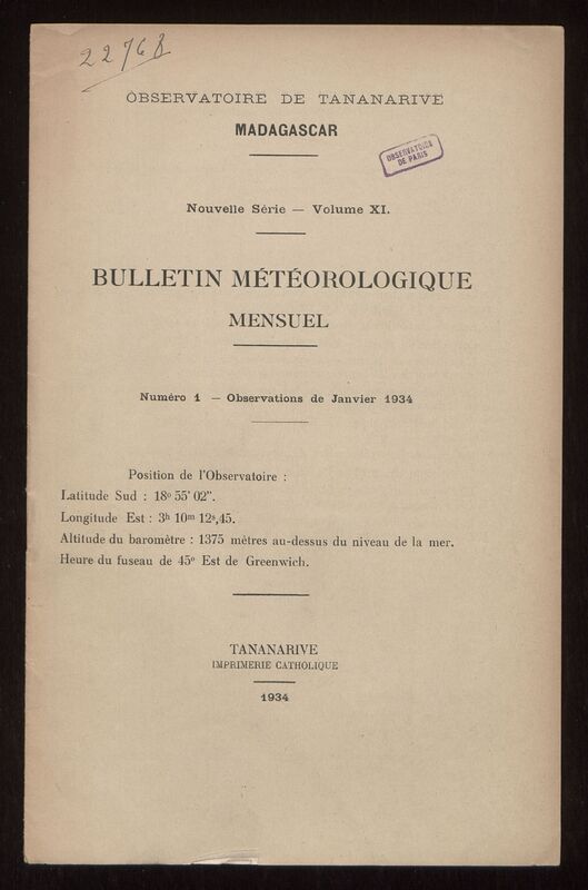 (1934) Bulletin météorologique mensuel de l'Observatoire de Tananarive