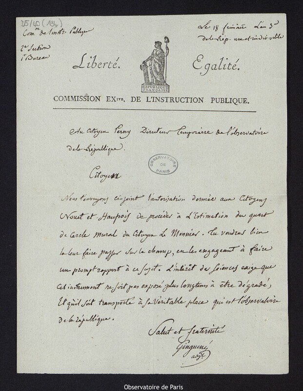 Lettre de M. Ginguené, membre de la Commission Nationale de l'Instruction publique à M.Perny de Villeneuve, directeur temporaire de l'Observatoire de la République, le 8 décembre 1794