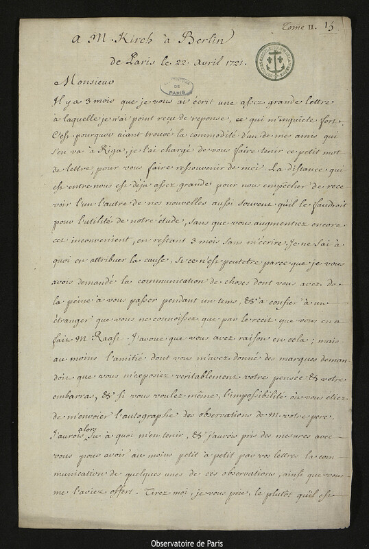 Lettre de Joseph-Nicolas Delisle à Christfried Kirch, Paris, 22 avril 1721