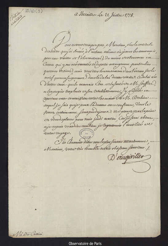 Lettre de Charles de la Billarderie, comte d'Angiviller, à Cassini IV, à Versailles le 21 juillet 1778