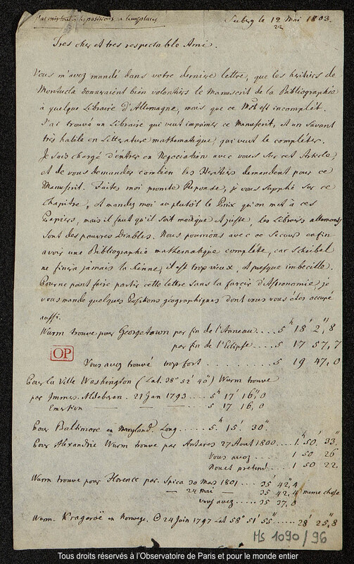 Lettre du baron Franz Xaver von Zach à Joseph Jérôme Le françois de Lalande Seeberg, 12 mai 1803