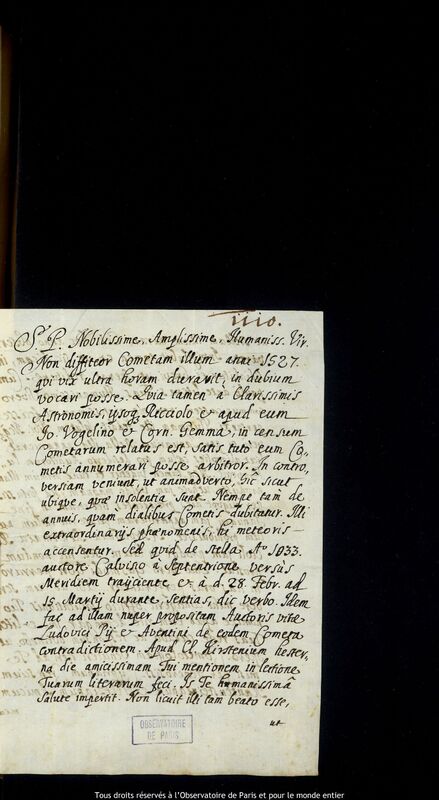 Lettre de Stanislaw Lubieniecki à Jan Heweliusz, Hambourg, 20 avril 1666