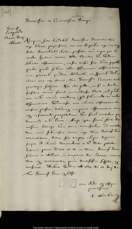 Lettre de Jan Heweliusz à Leopoldo de' Medici, Gdansk, 13 juin 1672