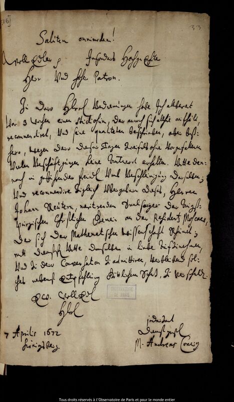 Lettre d'Andreas Concius à Jan Heweliusz, Kaliningrad, 7 avril 1672