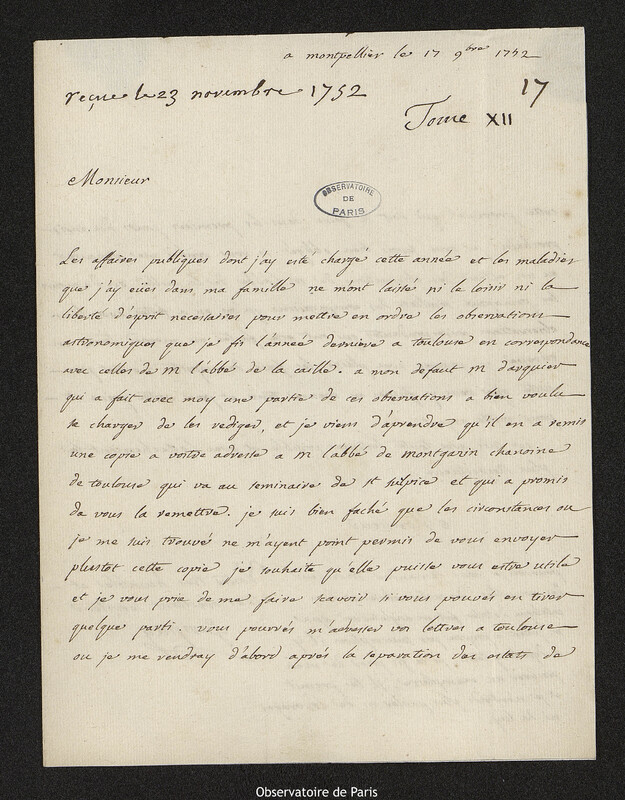 Lettre de François-Philippe-Antoine Garipuy à Joseph-Nicolas Delisle, Montpellier, 17 novembre 1752