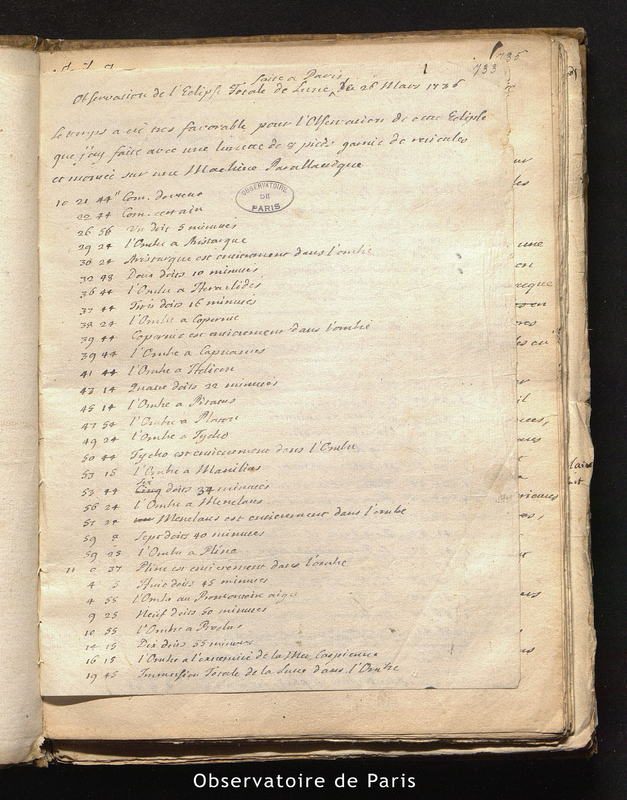 CASSINI II. Observations de l'éclipse totale de Lune faite à Paris le 26 mars 1736