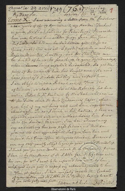 Lettre de Jean Bevis à Joseph-Nicolas Delisle, Londres, 24 avril 1749