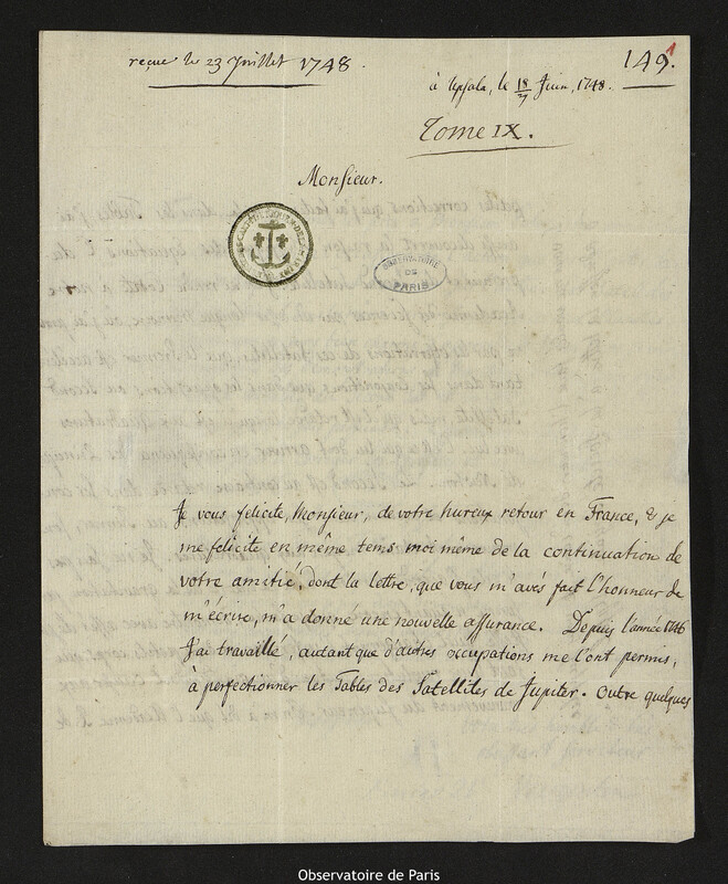 Lettre de Pehr Wilhelm Wargentin à Joseph-Nicolas Delisle, Uppsala, 18 juin 1748