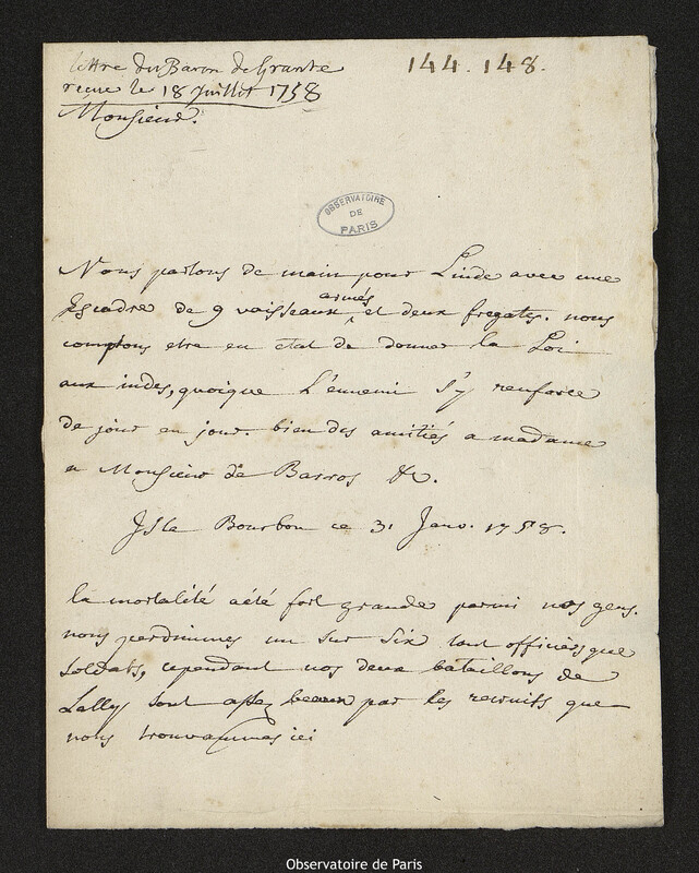 Lettre de James A. Grante à Joseph-Nicolas Delisle, Île de la Réunion, 31 janvier 1758