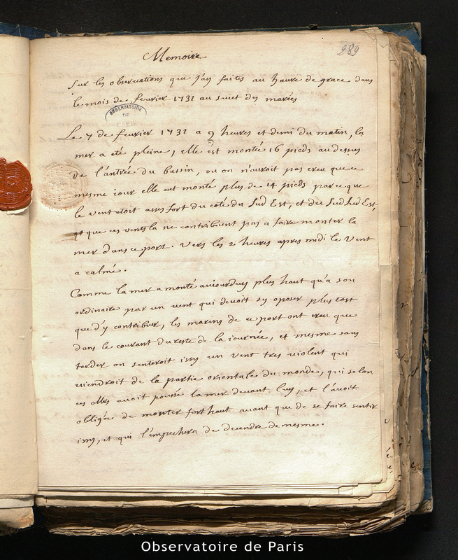 MAGNIER. Mémoire sur les observations que j'ai faites au Havre de Grâce dans le mois de février 1731 au sujet des marées