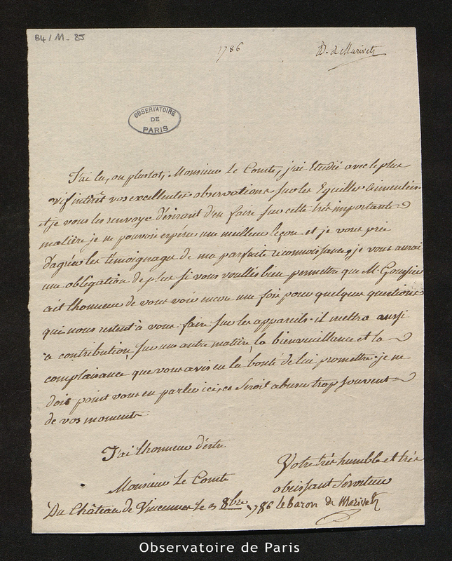 Lettre de Marivetz (baron de) à M. le comte [de Cassini], Chateau de Vincennes le 3 oct. 1786