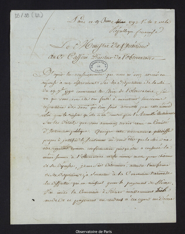 Lettre du Ministre Garat à Cassini IV, à Paris le 9 juin 1793