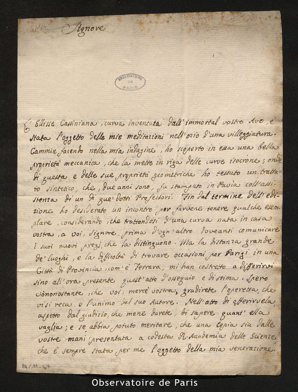 Lettre de Malfatti à [Cassini III], Ferrare le 11 février 1784