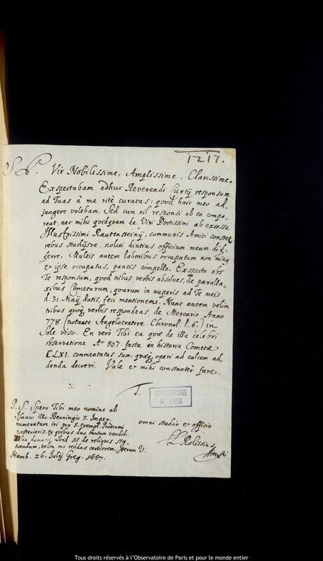 Lettre de Stanislaw Lubieniecki à Jan Heweliusz, Hambourg, 26 juillet 1667