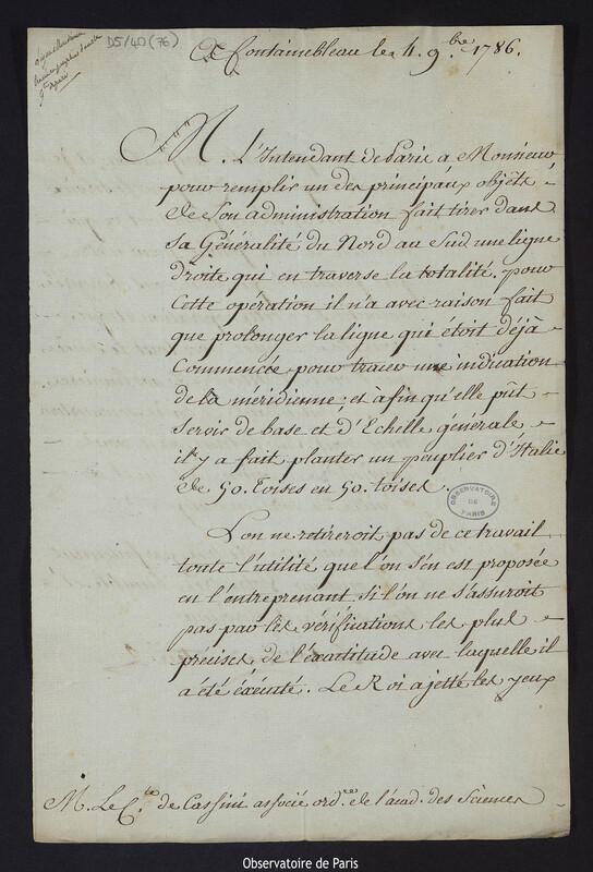 Lettre de Louis Le Tonnelier, baron de Breteuil, à Cassini IV, directeur de l'Observatoire, à Fontainebleau le 31 octobre 1786