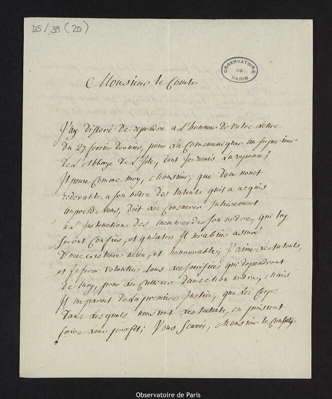 Lettre d'Antoine Chautan, abbé de Morimond à Cassini IV, 24 mars 1788