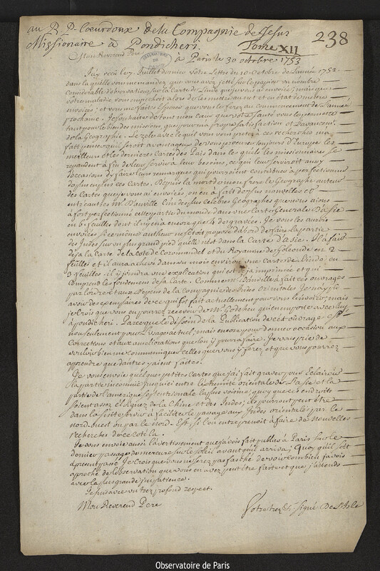 Lettre de Joseph-Nicolas Delisle à Gaston-Laurent Coeurdoux, Paris, 30 octobre 1753